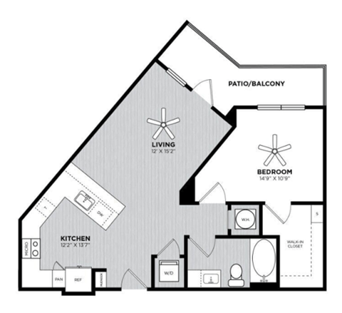 Floor plan for 1 bed, 1 bath, 734 sqft