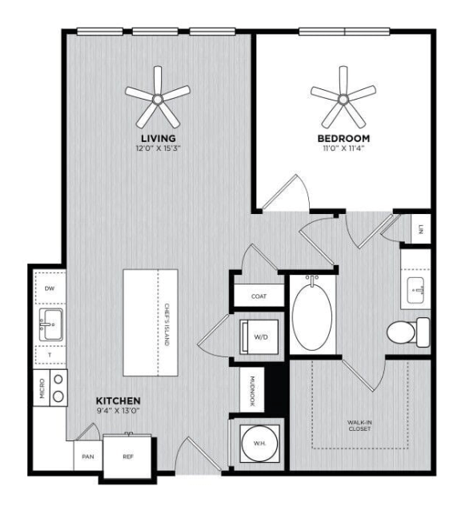 Floor plan for 1 bed, 1 bath, 739 sqft