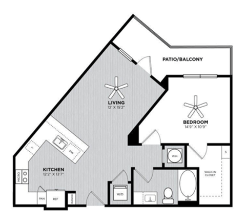 Floor plan for 1 bed, 1 bath, 745 sqft