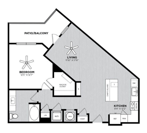 Floor plan for 1 bed, 1 bath, 832 sqft