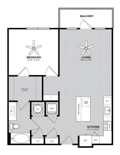 Floor plan for 1 bed, 1 bath, 870 sqft