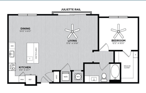 Floor plan for 1 bed, 1 bath