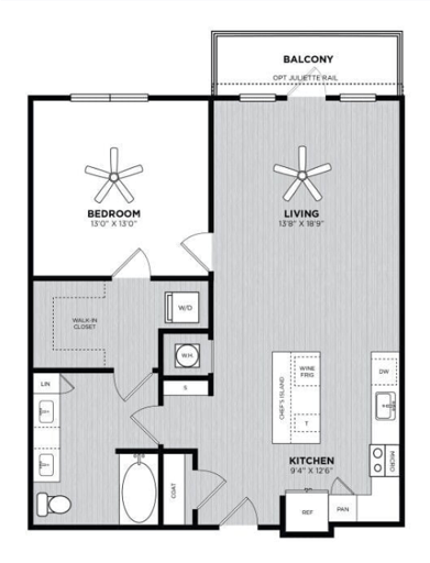 Floor plan for 1 bed, 1 bath, 898 sqft