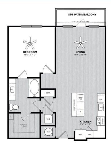 Floor plan for 1 bed, 1 bath, 898 sqft