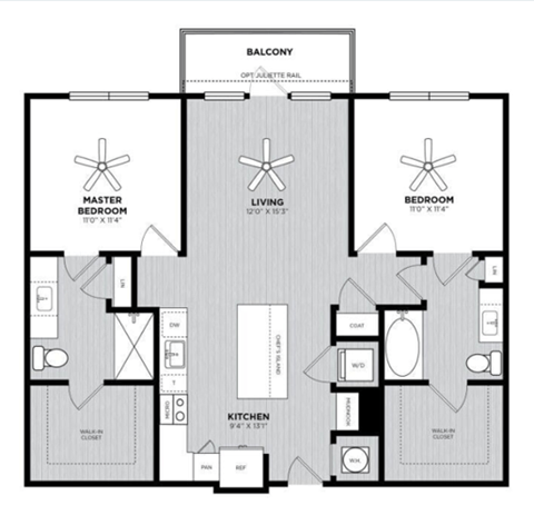 Floor plan for 2 beds, 2 baths, 1046 sqft