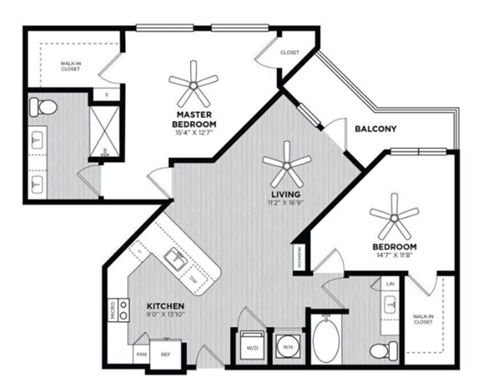 Floor plan for 2 beds, 2 baths, 1147 sqft