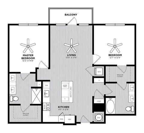 Floor plan for 2 beds, 2 baths, 1222 sqft