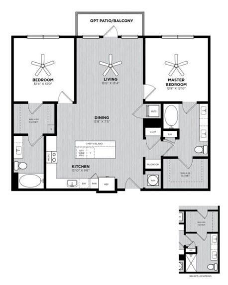 Floor plan for 2 beds, 2 baths, 1242 sqft