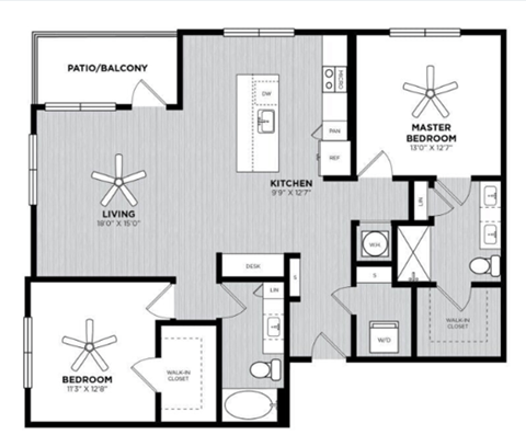 Floor plan for 2 beds, 2 baths, 1311 sqft