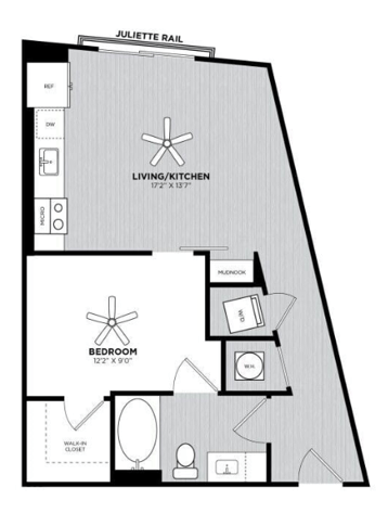 Floor plan for studio, 1 bath, 605 sqft