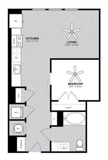 Floor plan for studio, 1 bath, 626 sqft