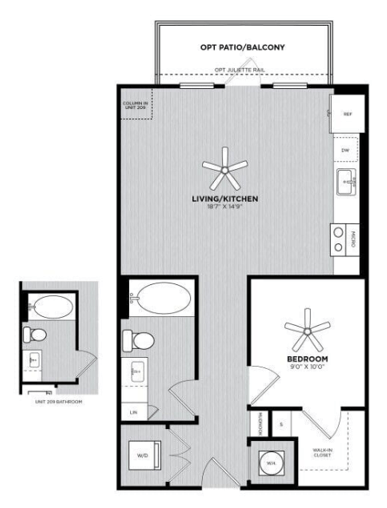 Floor plan for studio, 1 bath, 640 sqft