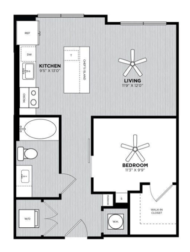 Floor plan for studio, 1 bath