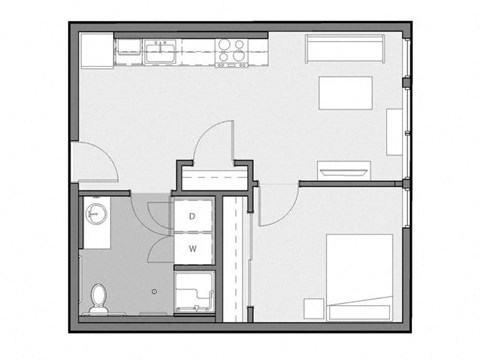 Floor plan for 1 bed, 1 bath, 595 sqft