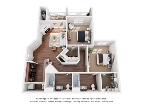 Floor plan for 2 beds, 2 baths, 965 sqft