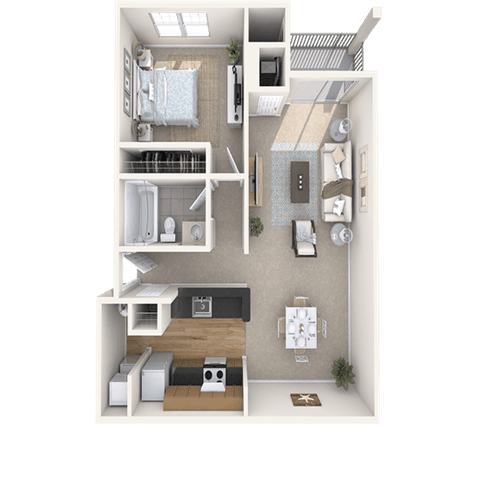Floor plan for 1 bed, 1 bath, 748 sqft