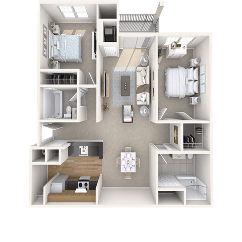 Floor plan for 2 beds, 2 baths, 975 sqft