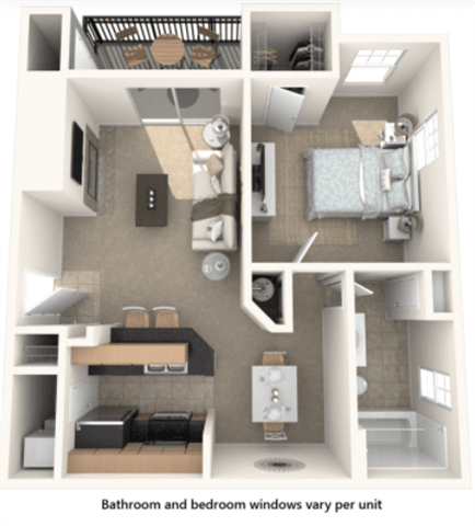 Floor plan for 1 bed, 1 bath, 667 sqft