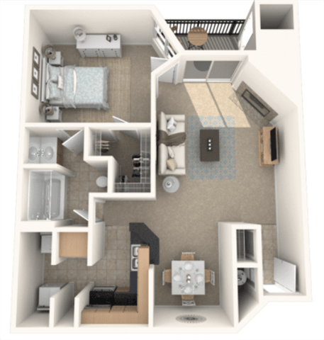 Floor plan for 1 bed, 1 bath, 777 sqft