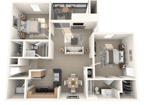 Floor plan for 2 beds, 2 baths, 984 sqft