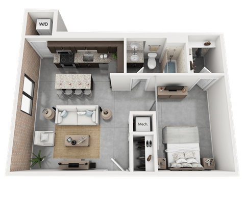 Floor plan for 1 bed, 1 bath, 670 sqft