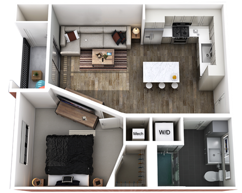 Floor plan for 1 bed, 1 bath, 619 sqft