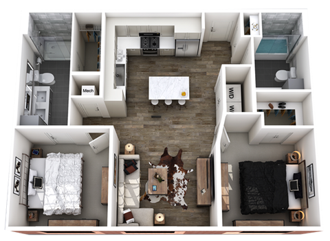 Floor plan for 2 beds, 2 baths, 961 sqft