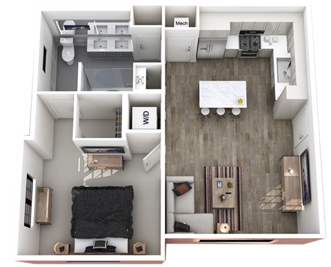 Floor plan for 1 bed, 1 bath, 690 sqft