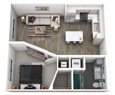 Floor plan for 1 bed, 1 bath, 661 sqft