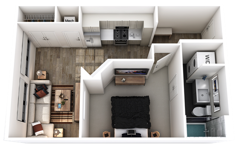 Floor plan for 1 bed, 1 bath, 542 sqft