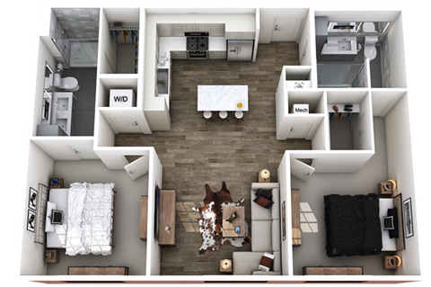 Floor plan for 2 beds, 2 baths, 1050 sqft