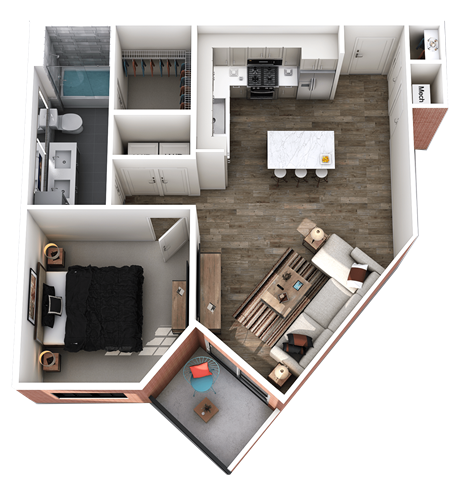 Floor plan for 1 bed, 1 bath, 752 sqft