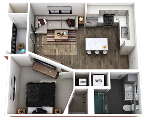 Floor plan for 1 bed, 1 bath, 619 sqft