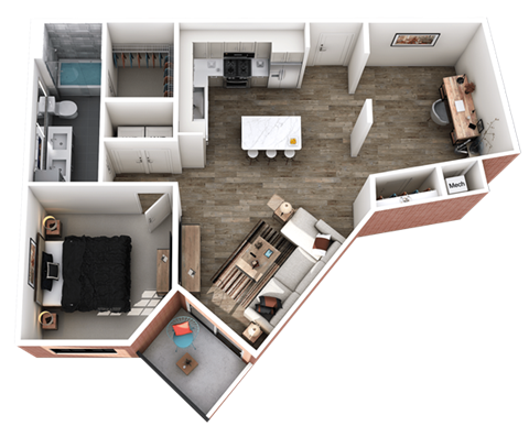 Floor plan for 1 bed, 1 bath, 871 sqft