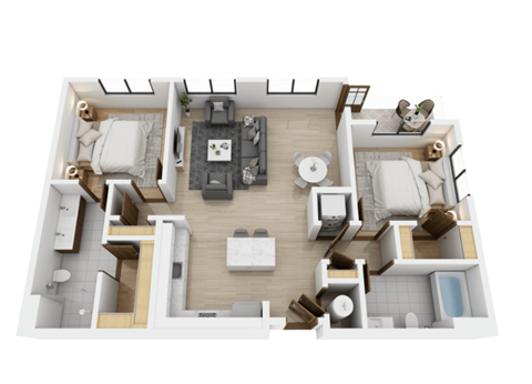 Floor plan for 2 beds, 2 baths, 1158 sqft