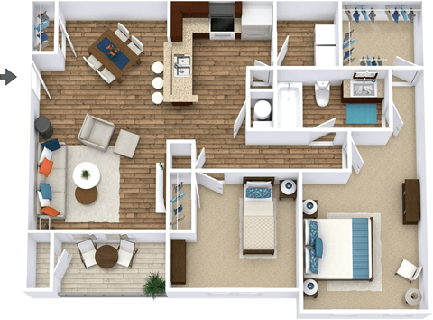Floor plan for 2 beds, 1 bath, 1002 sqft