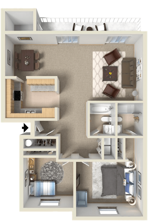 Floor plan for 2 beds, 2 baths, 1052 sqft