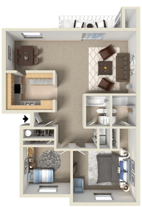 Floor plan for 2 beds, 2 baths, 1052 sqft