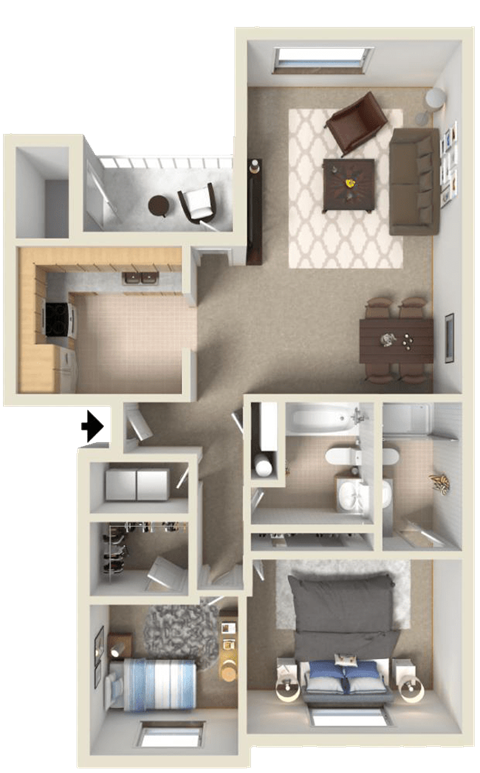 Floor plan for 2 beds, 2 baths, 1018 sqft