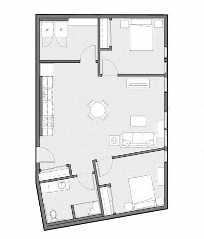 Floor plan for 2 beds, 1 bath, 1009 sqft