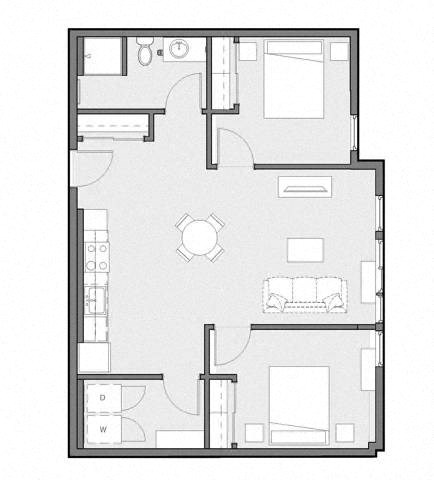 Floor plan for 2 beds, 1 bath, 899 sqft