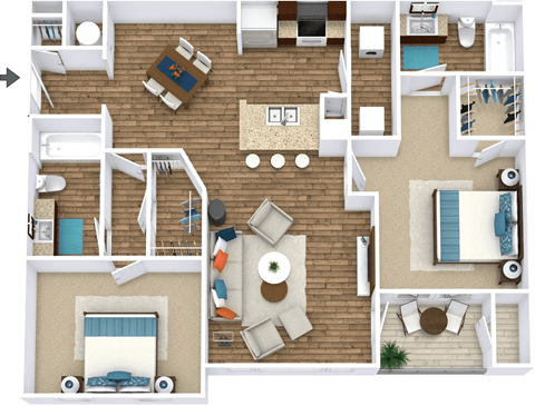 Floor plan for 2 beds, 2 baths, 1083 sqft