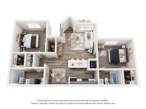 Floor plan for 2 beds, 2 baths, 1049 sqft