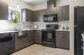 Vancouver apartment for rent - a kitchen with black appliances and wooden cabinets