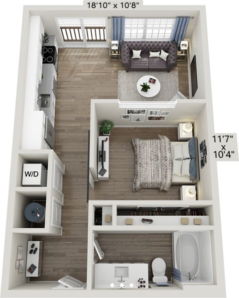 Floor plan for 1 bed, 1 bath, 600 sqft