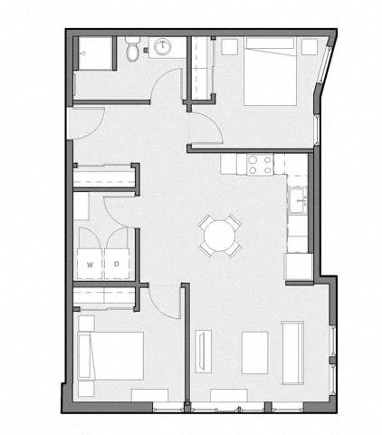 Floor plan for 2 beds, 1 bath, 885 sqft