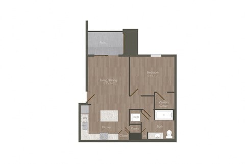 Floor plan for 1 bed, 1 bath, 655 sqft