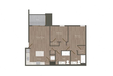 Floor plan for 2 beds, 2 baths, 906 sqft