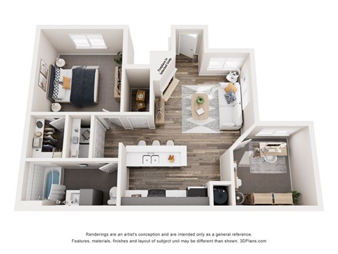 Floor plan for 1 bed, 1 bath, 852 sqft
