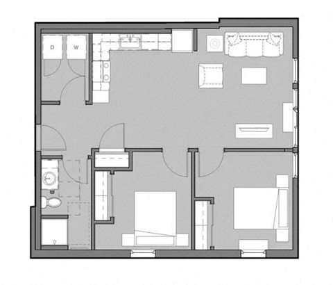 Floor plan for 2 beds, 1 bath, 885 sqft